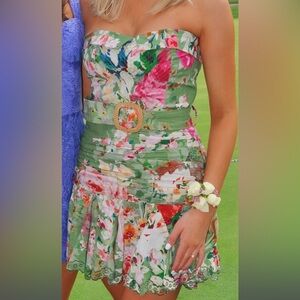 Hemant and Nandita Floral Strapless Dress with Belt